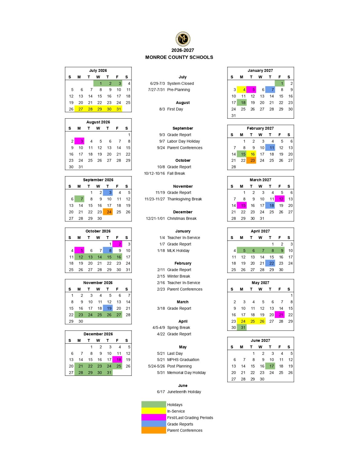 Monroe County Schools Calendar 2026-2027 [Academic Year]
