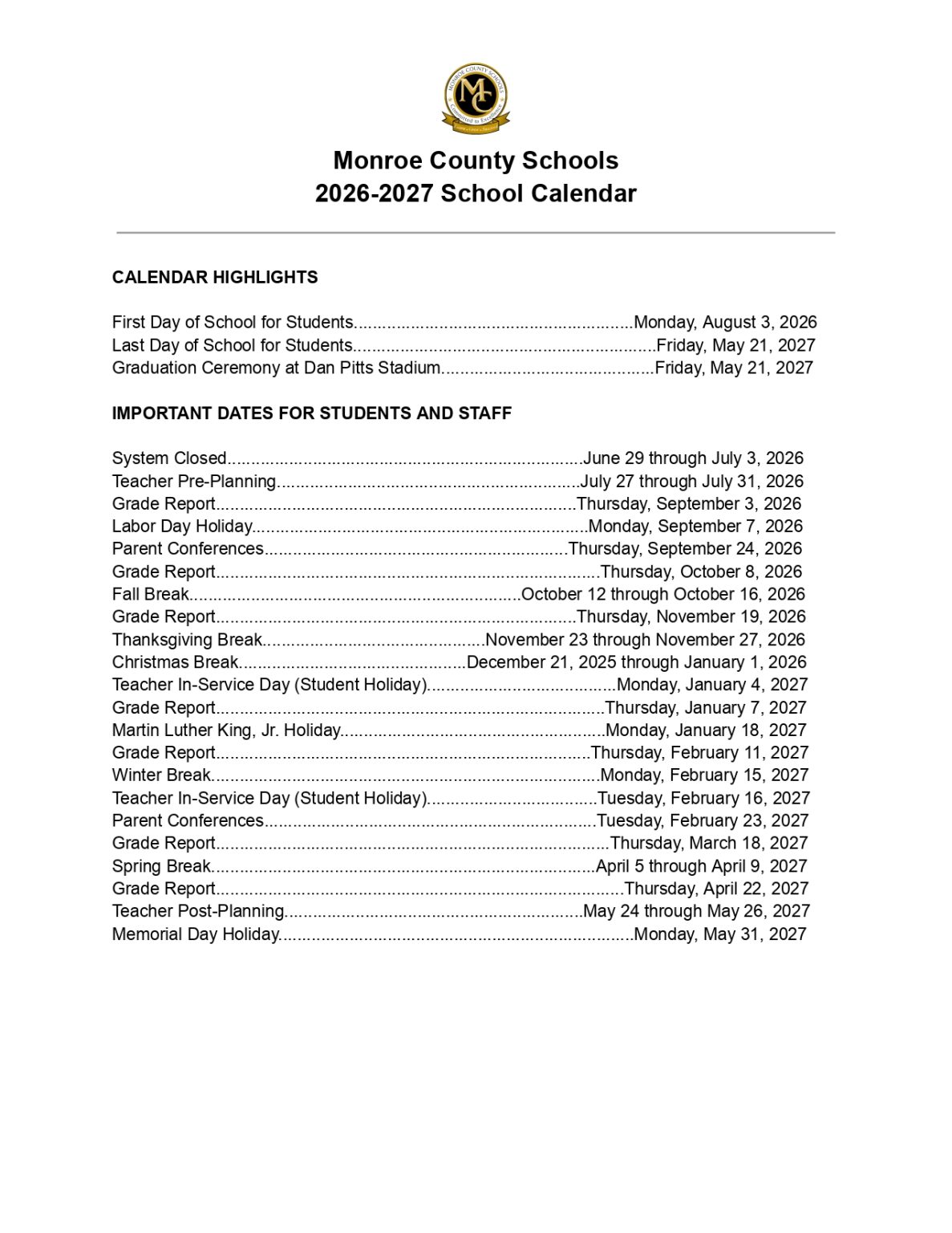 Monroe County Schools Calendar 2026-2027 [Academic Year]